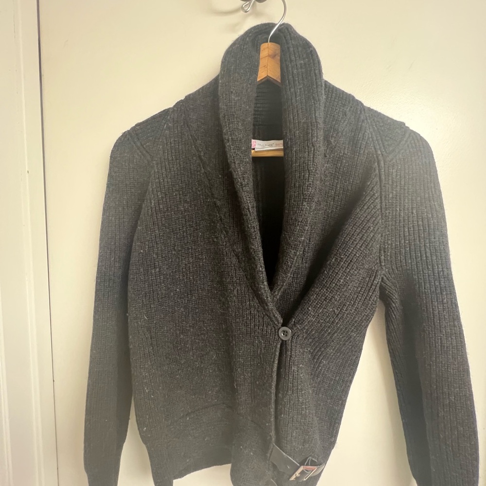Vintage Heavy dark grey cardigan, sweater/jacket with leather straps.